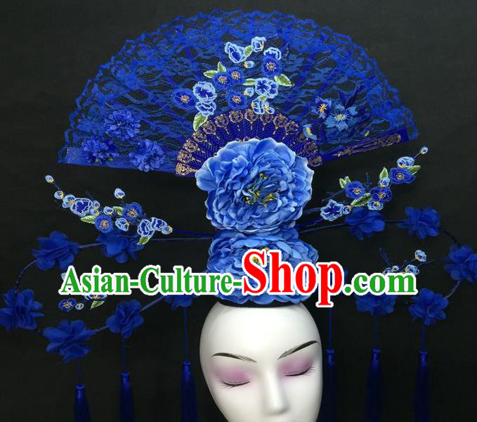 Chinese Cheongsam Stage Show Blue Peony Hair Crown Traditional Court Giant Top Hat Handmade Catwalks Deluxe Lace Fan Fashion Headwear