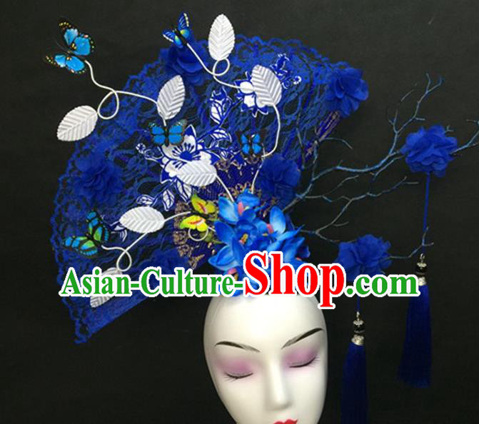 Chinese Handmade Catwalks Deluxe Blue Lace Fan Fashion Headwear Cheongsam Stage Show Hair Crown Traditional Court Giant Top Hat