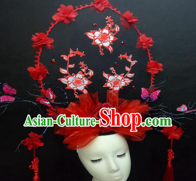 Chinese Cheongsam Stage Show Red Veil Hair Crown Traditional Court Tassel Giant Top Hat Handmade Catwalks Deluxe Butterfly Fashion Headwear