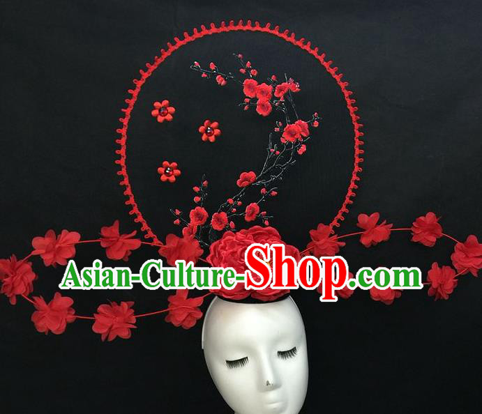 Chinese Cheongsam Stage Show Embroidered Red Plum Hair Crown Traditional Court Giant Top Hat Handmade Catwalks Deluxe Peony Fashion Headwear
