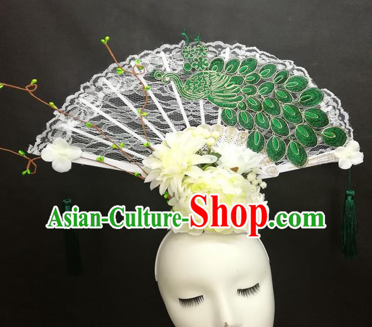 Chinese Cheongsam Catwalks Lace Fan Headwear Handmade Fashion Show Giant Hair Crown Traditional Stage Court Deluxe Green Peacock Top Hat