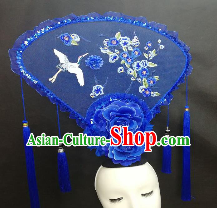 Chinese Cheongsam Catwalks Deluxe Blue Fan Headwear Handmade Fashion Show Giant Hair Crown Traditional Stage Court Embroidered Crane Plum Top Hat