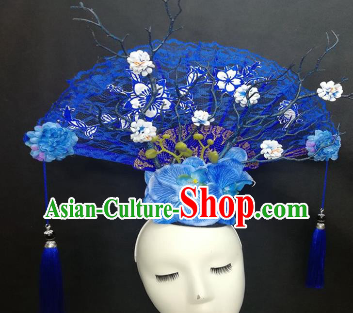 Chinese Traditional Stage Court Top Hat Cheongsam Catwalks Deluxe Blue Lace Fan Headwear Handmade Fashion Show Giant Hair Crown