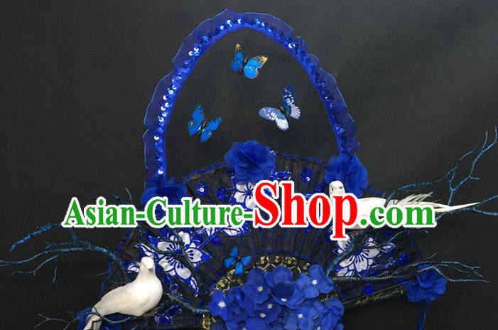 Chinese Traditional Stage Court Blue Butterfly Top Hat Cheongsam Catwalks Deluxe Headwear Handmade Fashion Show Giant Lace Fan Hair Crown