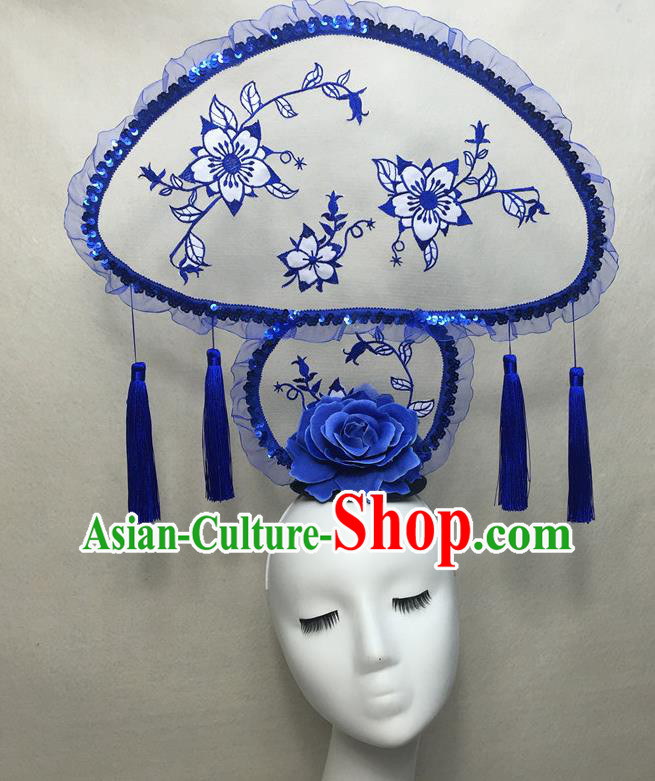 Chinese Cheongsam Catwalks Deluxe Mushroom Headwear Handmade Fashion Show Giant Hair Crown Traditional Stage Court Tassel Top Hat