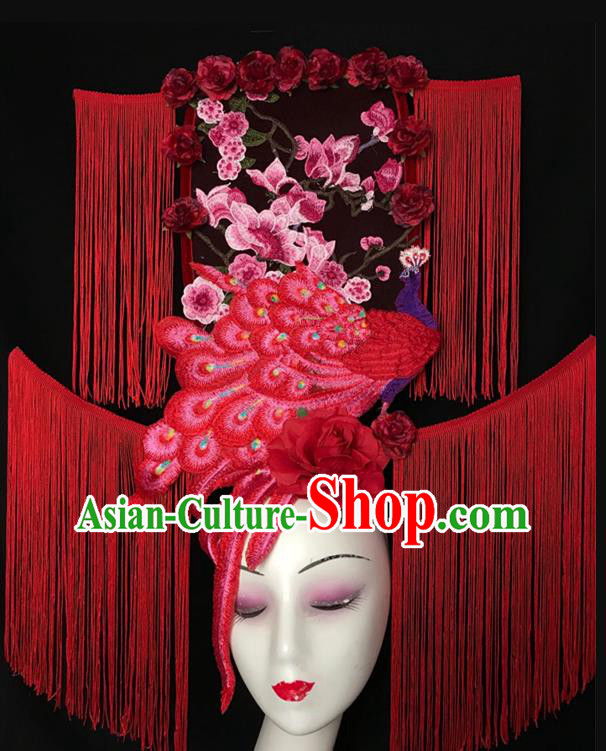 Chinese Catwalks Giant Fashion Headpiece Handmade Cheongsam Stage Show Tassel Hair Crown Traditional Court Red Peacock Hair Clasp