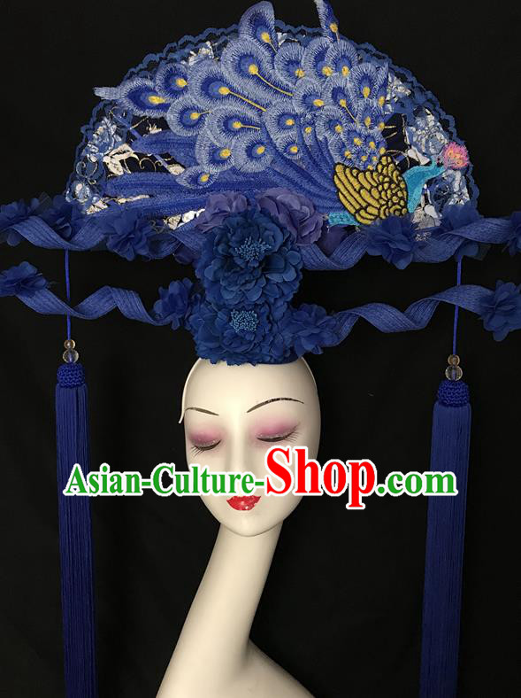 China Handmade Cheongsam Show Embroidered Peacock Fan Hair Crown Traditional Court Navy Tassel Hair Clasp Catwalks Giant Fashion Headwear