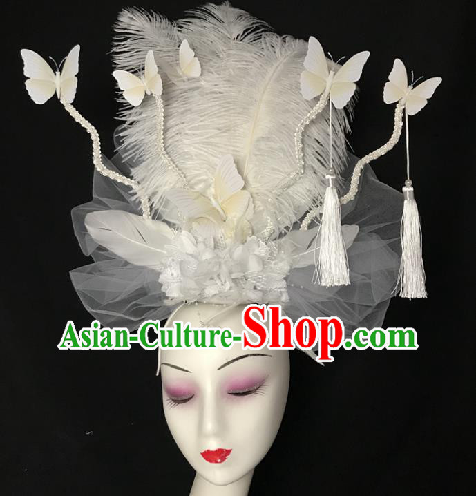 Top Catwalks White Butterfly Royal Crown Rio Carnival Feather Hair Clasp Brazil Parade Headdress Halloween Cosplay Hair Accessories
