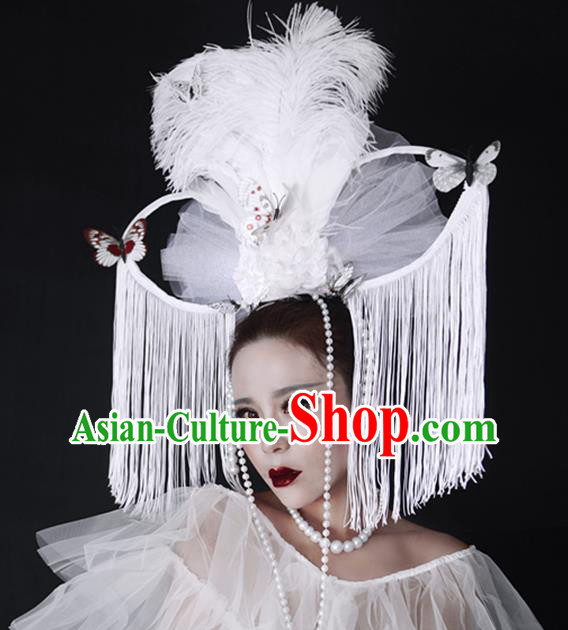 Top Halloween Cosplay Hair Accessories Catwalks White Butterfly Tassel Royal Crown Rio Carnival Feather Hair Clasp Brazil Parade Headdress