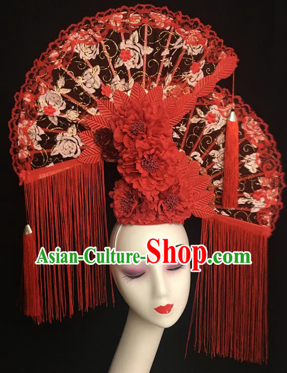 China Handmade Catwalks Bride Giant Fashion Headdress Cheongsam Show Red Peony Hair Crown Traditional Court Lace Fan Tassel Hair Clasp