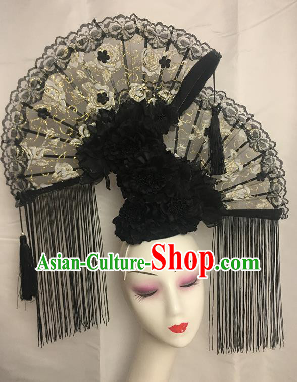 China Traditional Court Black Peony Tassel Hair Clasp Handmade Catwalks Bride Giant Fashion Headdress Cheongsam Show Lace Fan Hair Crown
