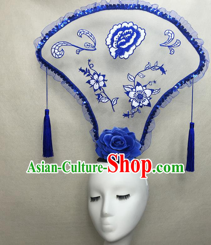 Chinese Traditional Stage Court Tassel Top Hat Cheongsam Catwalks Deluxe Headwear Handmade Fashion Show Giant Fan Hair Crown