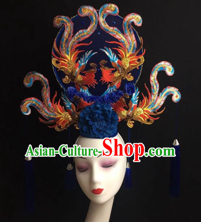 China Handmade Bride Giant Headwear Cheongsam Show Embroidered Phoenix Hair Crown Court Blue Fan Hair Clasp Catwalks Fashion Headdress