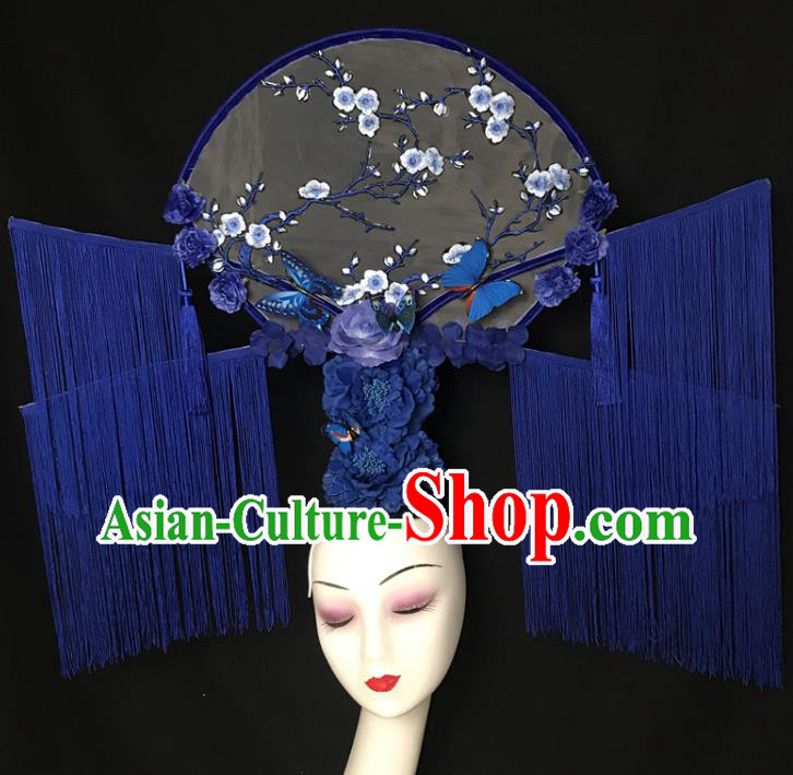 China Court Fan Hair Clasp Catwalks Fashion Tassel Headdress Handmade Bride Giant Headwear Cheongsam Show Embroidered Plum Hair Crown