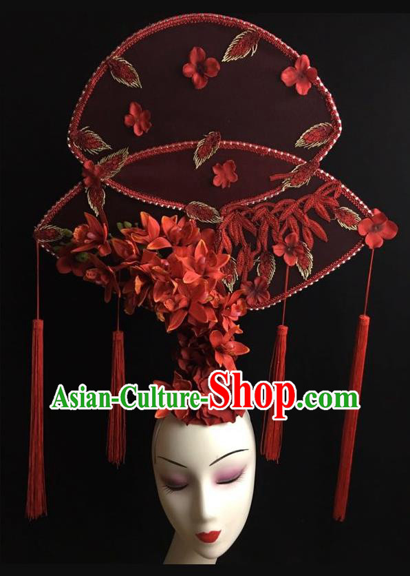 China Catwalks Fashion Tassel Headdress Handmade Bride Giant Headwear Cheongsam Show Red Flowers Hair Crown Court Fan Hair Clasp