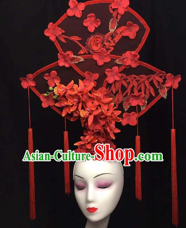 China Court Fan Tassel Hair Clasp Catwalks Fashion Headdress Handmade Bride Giant Headwear Cheongsam Show Red Flowers Hair Crown