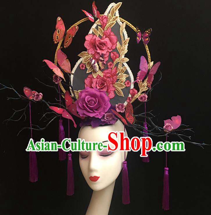 China Court Tassel Hair Clasp Catwalks Giant Headdress Handmade Bride Fashion Headwear Cheongsam Show Purple Gourd Hair Crown