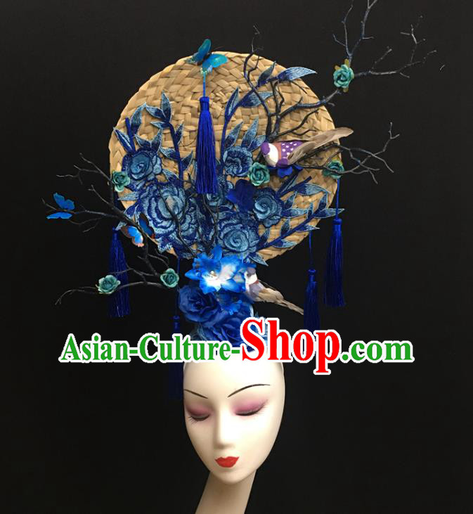 China Catwalks Bride Giant Headdress Handmade Fashion Headwear Cheongsam Show Embroidered Peony Hair Crown Court Rattan Fan Hair Clasp