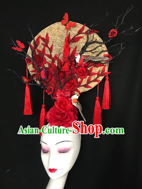 China Court Rattan Fan Hair Clasp Catwalks Bride Giant Headdress Handmade Fashion Headwear Cheongsam Show Embroidered Peony Hair Crown