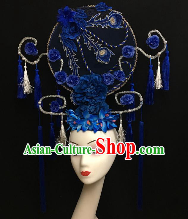 China Court Blue Flowers Top Hat Catwalks Deluxe Tassel Headdress Handmade Bride Fashion Headwear Qipao Show Hair Crown