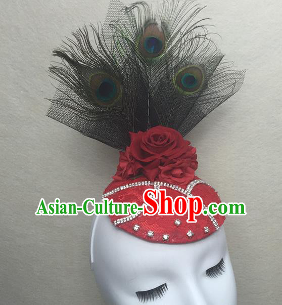Top Brazilian Carnival Feather Headdress Cosplay Party Hair Accessories Catwalks Bride Red Lace Royal Crown Halloween Fancy Ball Top Hat
