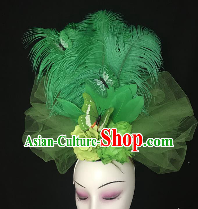 Top Brazil Parade Headdress Halloween Cosplay Hair Accessories Catwalks Green Flowers Veil Royal Crown Rio Carnival Feather Hair Clasp