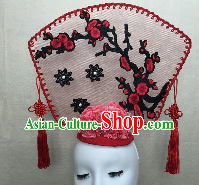Chinese Handmade Fashion Show Giant Hair Crown Traditional Stage Court Embroidered Plum Top Hat Cheongsam Catwalks Deluxe Headwear