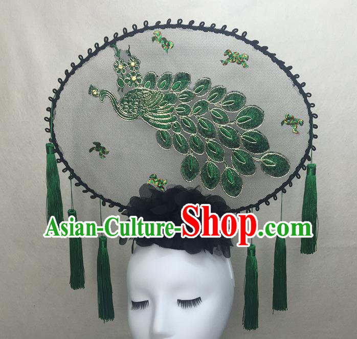 Chinese Traditional Stage Court Embroidered Peacock Top Hat Cheongsam Catwalks Deluxe Headwear Handmade Fashion Show Giant Hair Crown