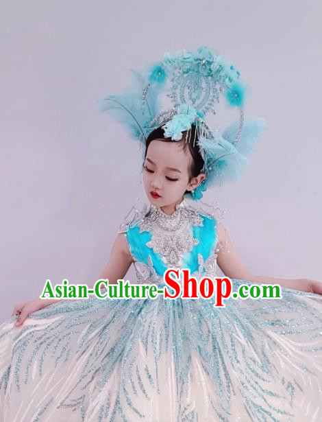 Custom Children Catwalks Garment Costume Girl Princess Stage Show Clothing Brazil Parade Dance Full Dress and Feather Headdress