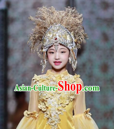 Custom Children Catwalks Garment Costume Girl Dance Performance Clothing Stage Show Yellow Full Dress and Headdress