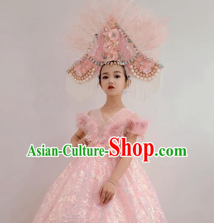 Customized Children Catwalks Garment Costume Girl Stage Show Clothing Brazil Parade Dance Trailing Full Dress and Pink Feather Headwear