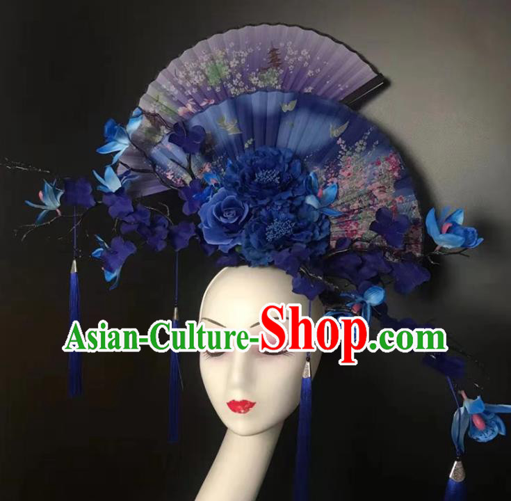Chinese Traditional Stage Court Fan Top Hat Cheongsam Catwalks Giant Headwear Handmade Fashion Show Blue Peony Hair Crown