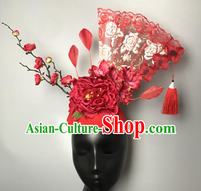 Chinese Handmade Fashion Show Lace Fan Hair Crown Traditional Stage Court Red Peony Top Hat Cheongsam Catwalks Giant Headdress
