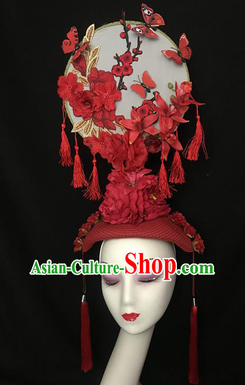Chinese Cheongsam Catwalks Fashion Giant Headdress Handmade Stage Show Tassel Hair Crown Traditional Court Embroidered Top Hat