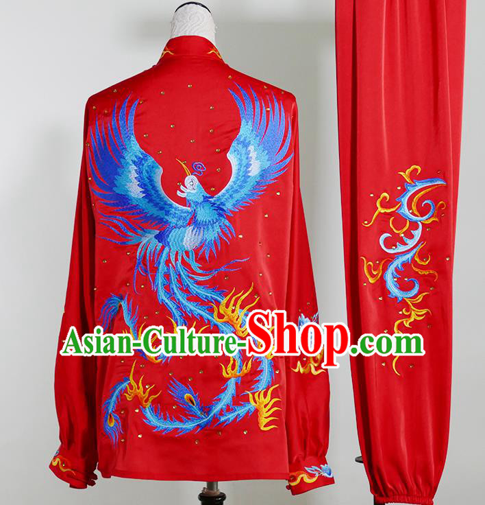 Top Chinese Kung Fu Performance Garment Costumes Tai Chi Training Embroidered Phoenix Red Uniforms Martial Arts Competition Clothing
