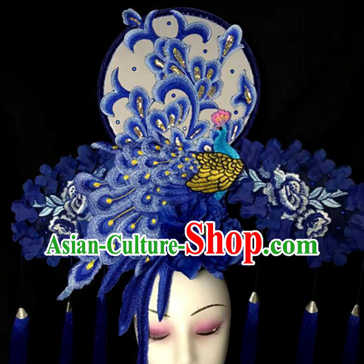 Chinese Handmade Stage Show Blue Peacock Hair Crown Traditional Court Embroidered Tassel Hair Clasp Cheongsam Catwalks Giant Fashion Headdress
