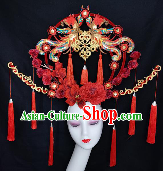 Chinese Handmade Cheongsam Stage Show Sequins Phoenix Hair Crown Traditional Court Red Flowers Tassel Hair Clasp Catwalks Giant Fashion Headpiece