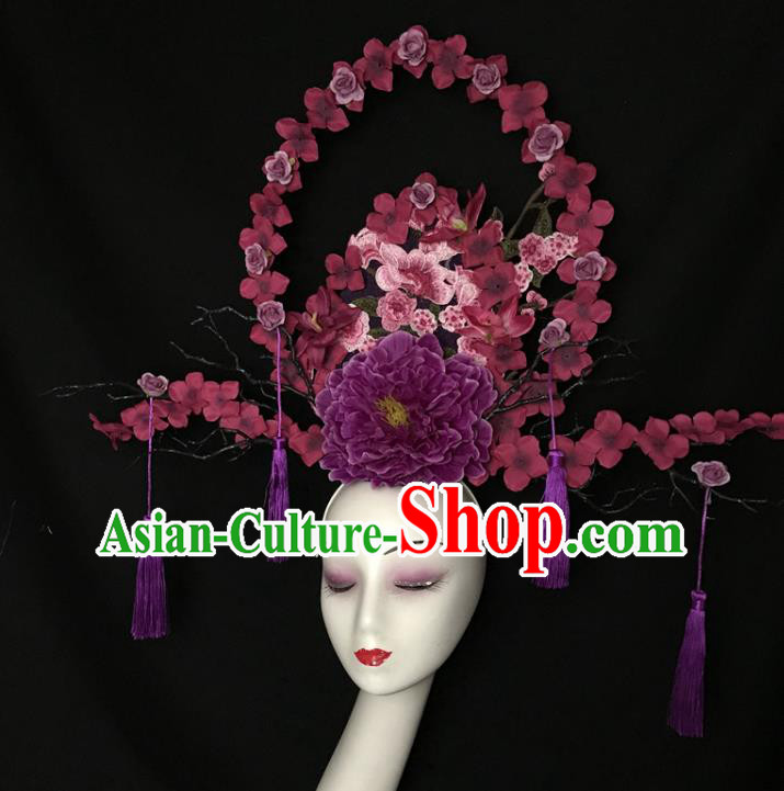 Chinese Traditional Court Purple Peony Hair Clasp Cheongsam Catwalks Giant Fashion Headdress Handmade Stage Show Tassel Hair Crown