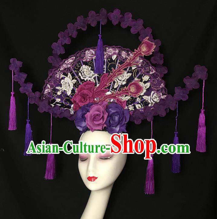 Chinese Handmade Stage Show Lace Fan Hair Crown Traditional Court Purple Flowers Hair Clasp Cheongsam Catwalks Giant Fashion Headdress