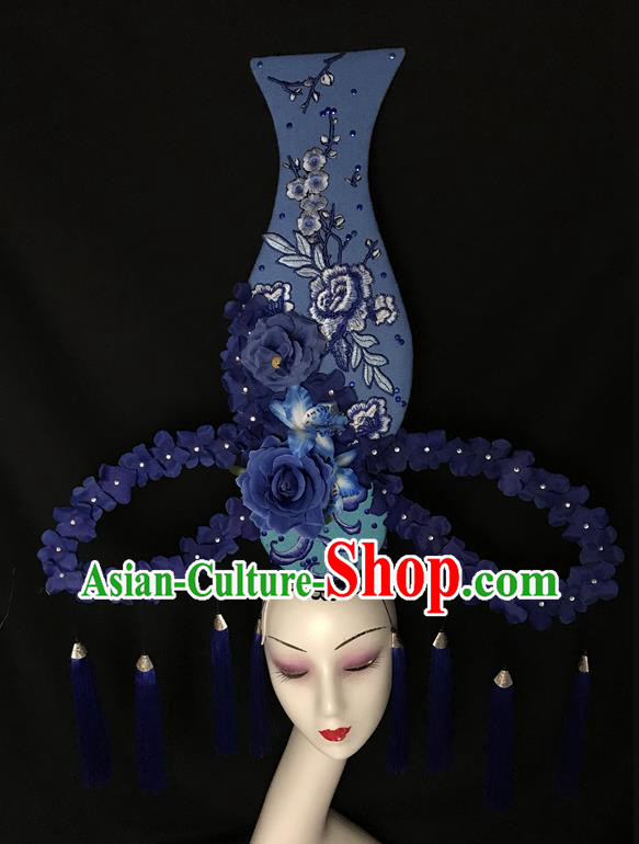 Chinese Catwalks Giant Fashion Headdress Handmade Cheongsam Stage Show Blue Flowers Vase Hair Crown Traditional Court Tassel Hair Clasp