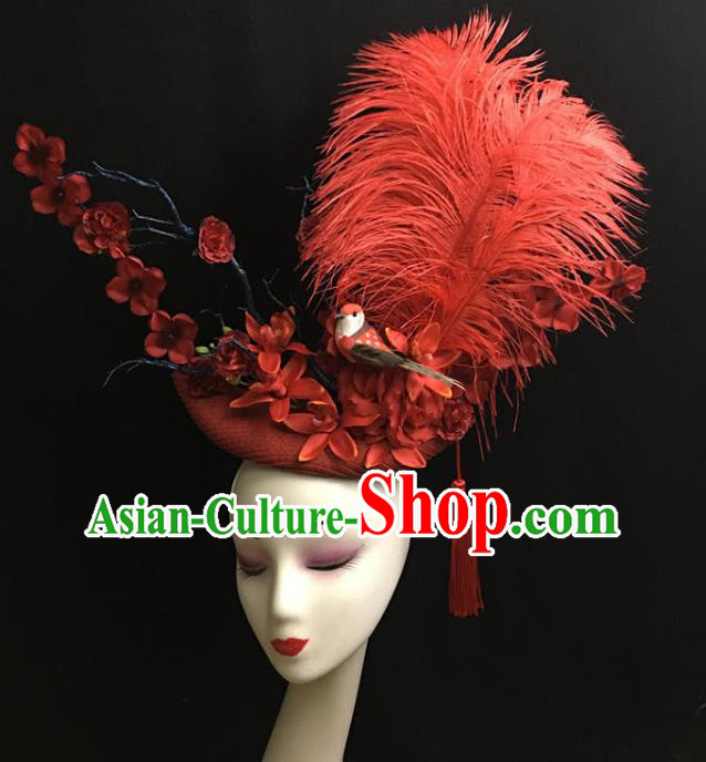 Top Halloween Cosplay Queen Hair Accessories Catwalks Red Feather Royal Crown Rio Carnival Top Hat Brazil Parade Headdress