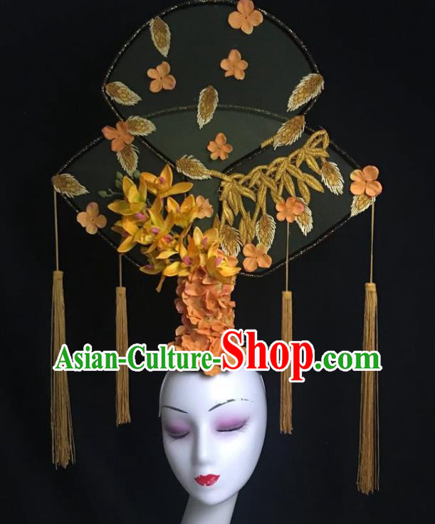 China Catwalks Deluxe Headdress Handmade Bride Fashion Tassel Headwear Qipao Show Yellow Flowers Hair Crown Court Fan Hair Clasp
