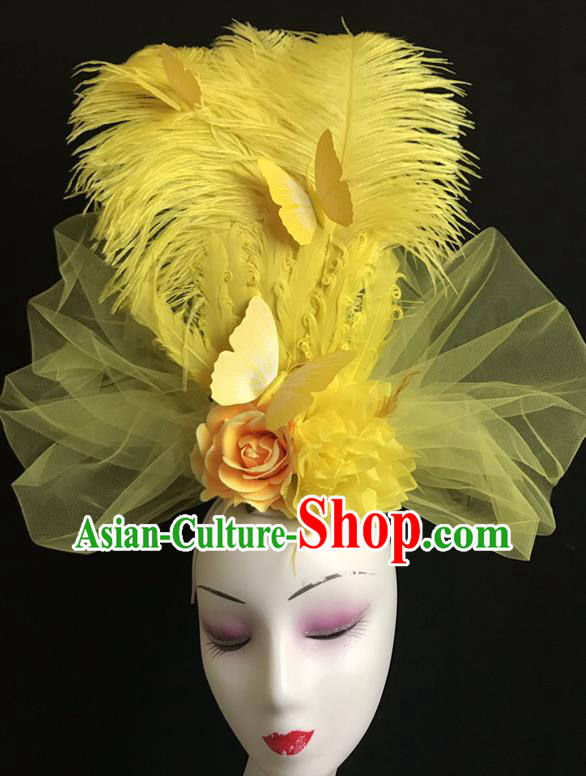 Top Cosplay Hair Accessories Halloween Catwalks Veil Royal Crown Rio Carnival Yellow Feather Hair Clasp Brazil Parade Flowers Headdress