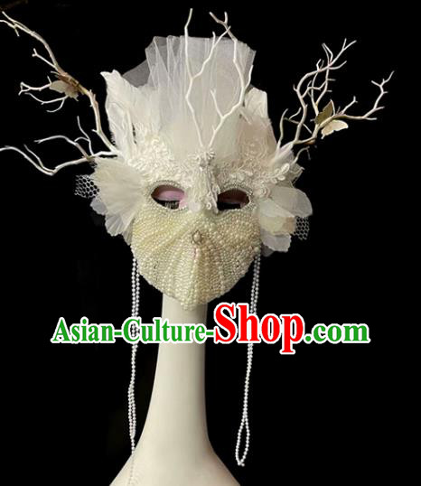 Handmade Halloween Cosplay Pearls Full Face Mask Christmas Costume Party Headpiece Brazil Carnival White Feather Mask