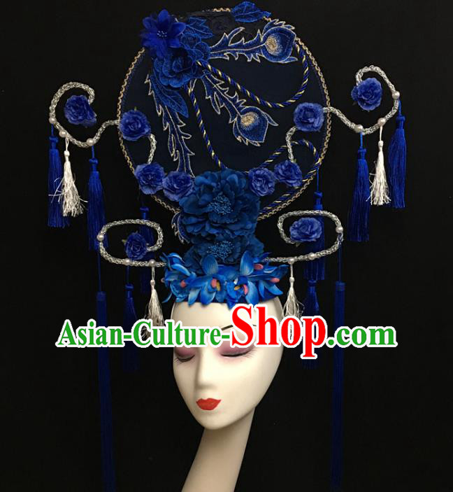 China Qipao Catwalks Fashion Headdress Handmade Wedding Headwear Stage Show Embroidered Royalblue Hair Crown Court Fan Tassel Hair Clasp