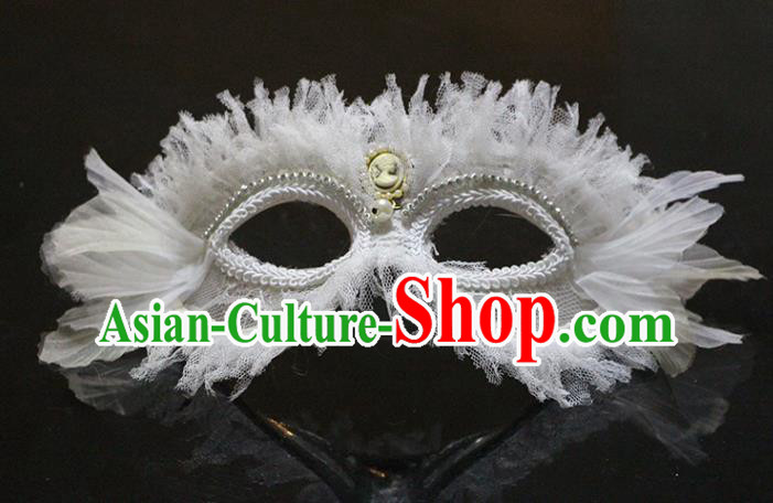 Handmade Christmas Costume Party Blinder Headpiece Brazil Carnival Feather Mask Halloween Cosplay White Lace Face Mask