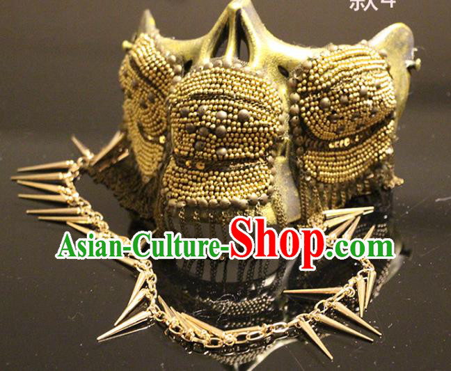Handmade Brazil Carnival Golden Mask Halloween Cosplay Tassel Face Mask Costume Party Gothic Rivet Headpiece