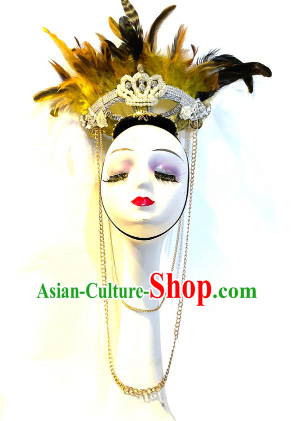 Top Cosplay Princess Hair Accessories Halloween Catwalks Royal Crown Carnival Parade Headdress Baroque Queen Yellow Feather Hat