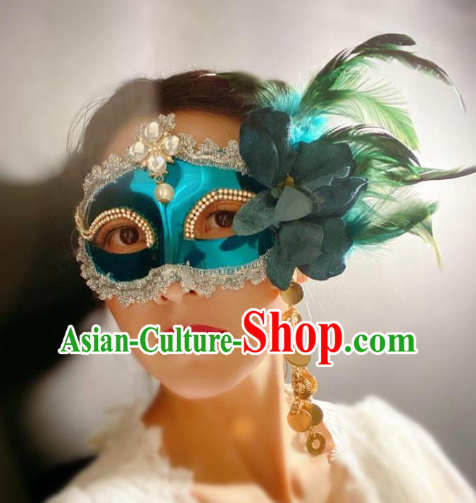 Handmade Halloween Cosplay Princess Feather Face Mask Costume Party Baroque Crystal Headpiece Brazil Carnival Blue Mask