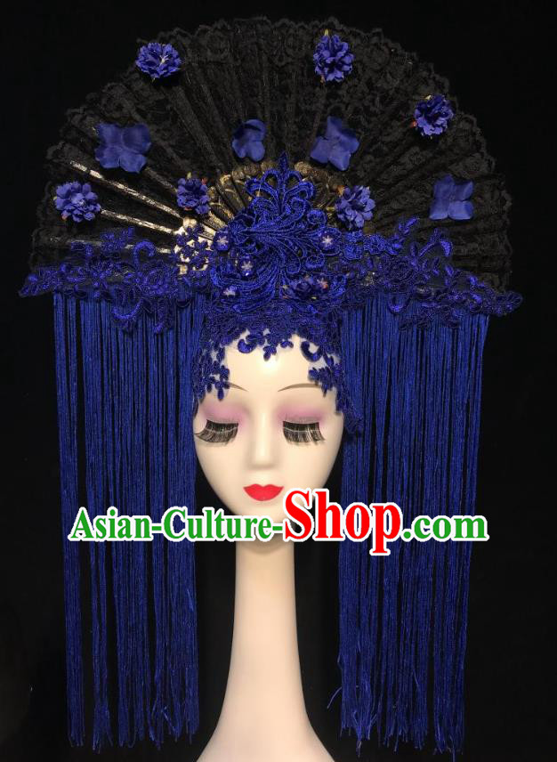 China Court Blue Tassel Hair Clasp Qipao Catwalks Deluxe Headdress Handmade Bride Fashion Headwear Stage Show Black Lace Fan Hair Crown